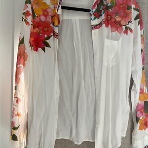 Desigual White Shirt with Pink and Orange Floral Design
